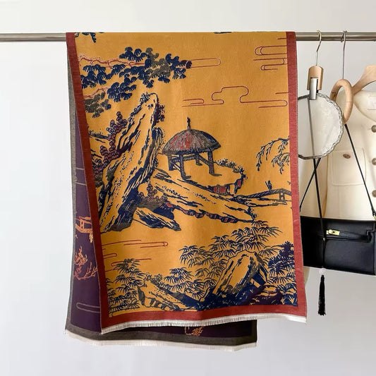 Luxury Women Floral Cashmere Touch Landscape Scarf - Warm Fringe Shawl