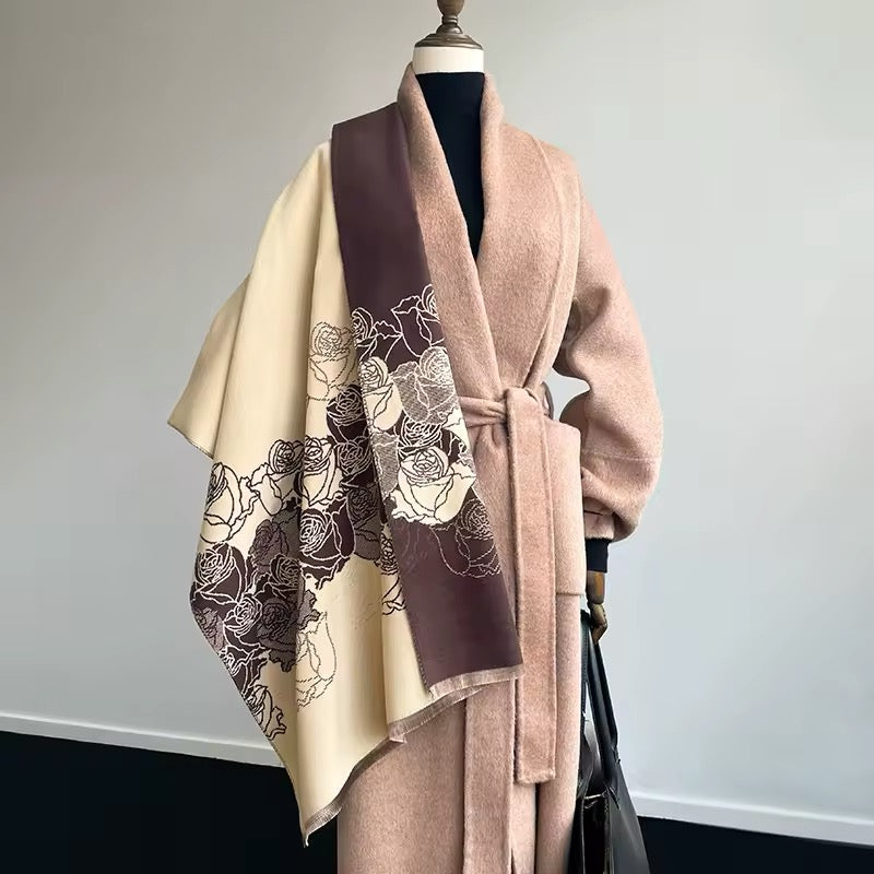 Luxury Women Floral Cashmere Touch Flower Scarf - Warm Fringe Shawl