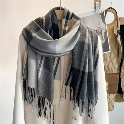 Men & Women Checked Pattern Cashmere Touch Scarf - Warm Fringe Shawl