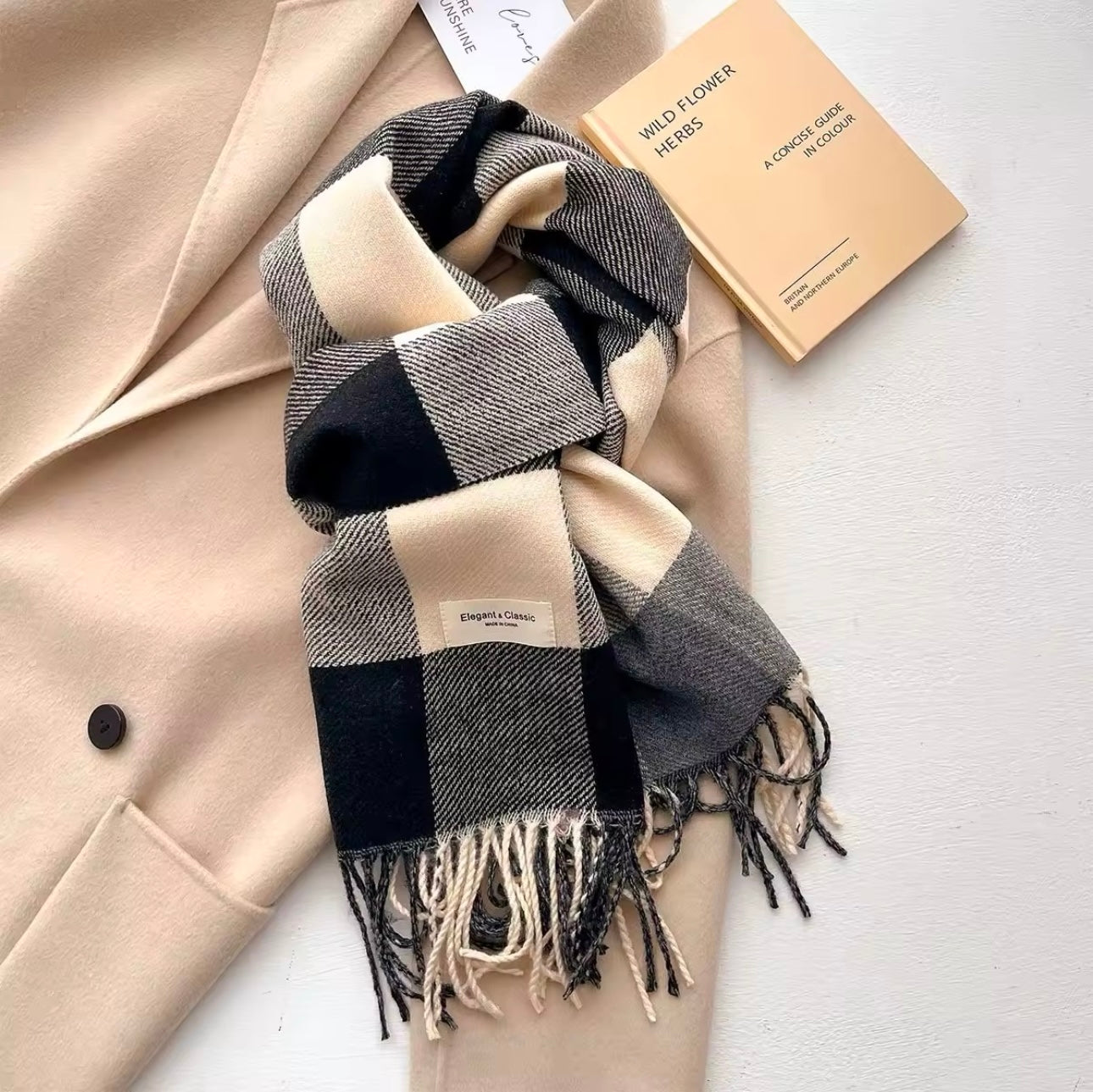 Men & Women Checked Pattern Cashmere Touch Scarf - Warm Fringe Shawl