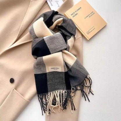 Men & Women Checked Pattern Cashmere Touch Scarf - Warm Fringe Shawl