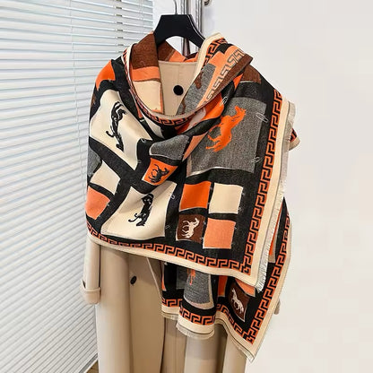 Luxury Women Limited Edition Horse Design Cashmere Touch Scarf - Warm Fringe Shawl