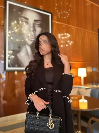 Pearl Women Split Abaya Cardigan Pleated Long Dress Kaftan Robe Open Front Jalabiya