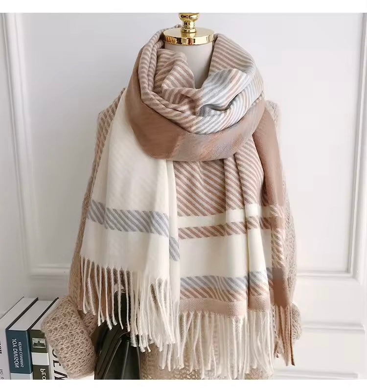Men & Women Checked Pattern Cashmere Touch Scarf - Warm Fringe Shawl