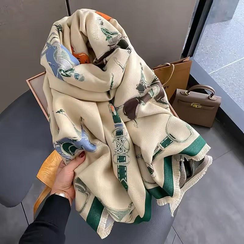 Luxury Women Limited Edition Horse Design Cashmere Touch Scarf - Warm Fringe Shawl