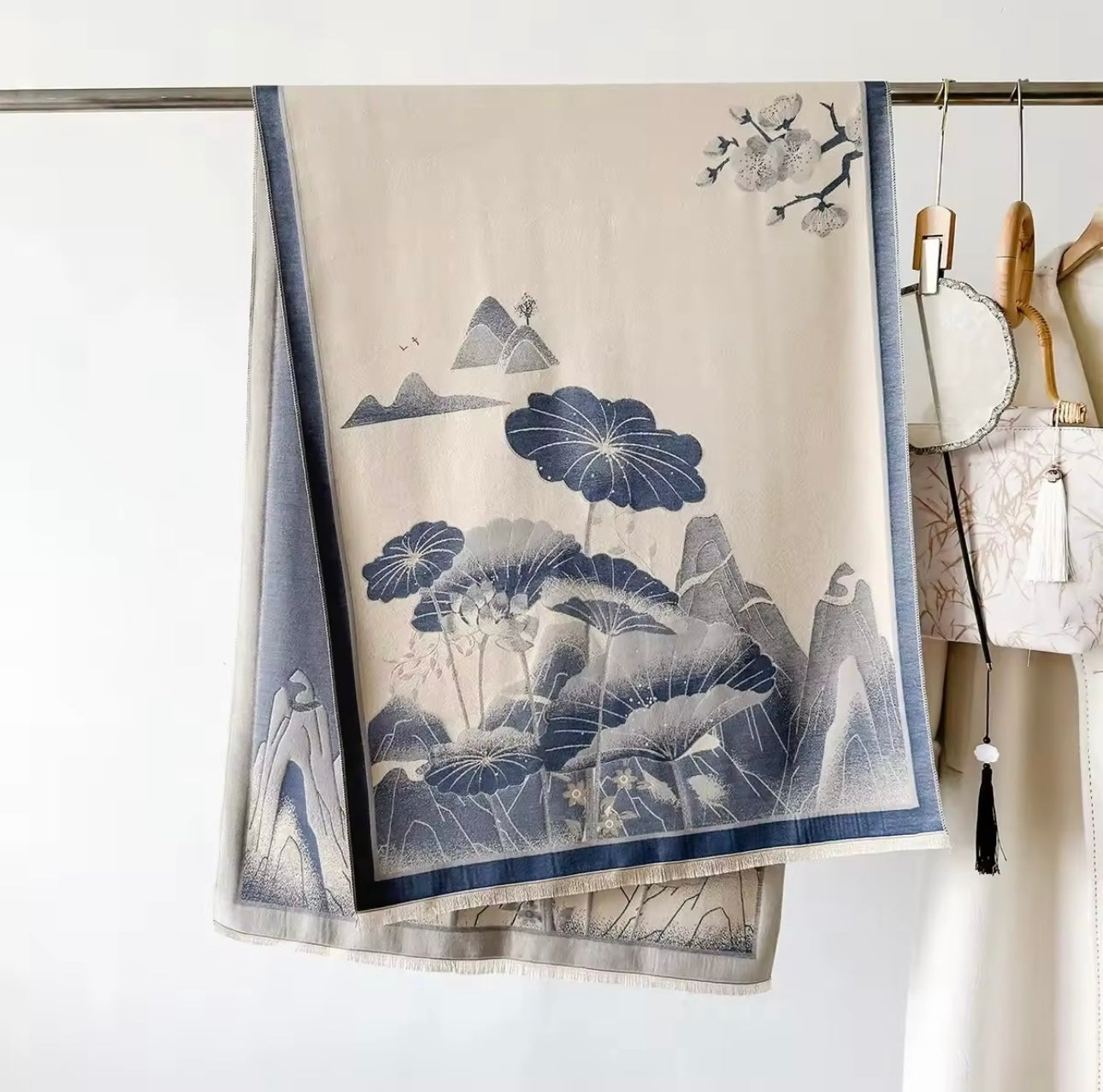 Luxury Women Floral Cashmere Touch Landscape Scarf - Warm Fringe Shawl