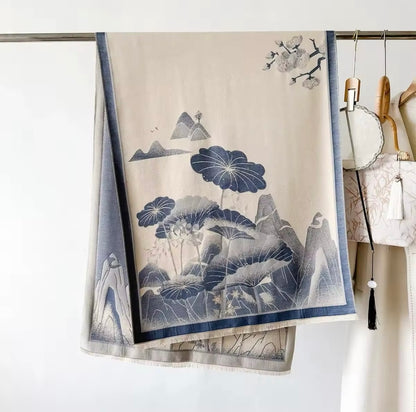 Luxury Women Floral Cashmere Touch Landscape Scarf - Warm Fringe Shawl