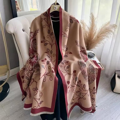 Luxury Women Floral Cashmere Touch Flower Scarf - Warm Fringe Shawl