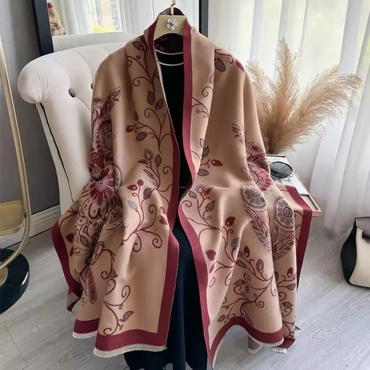 Luxury Women Floral Cashmere Touch Flower Scarf - Warm Fringe Shawl