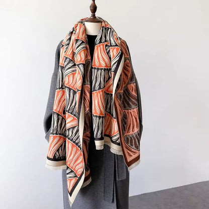 Luxury Women Floral Cashmere Touch Leaves Scarf - Warm Fringe Shawl