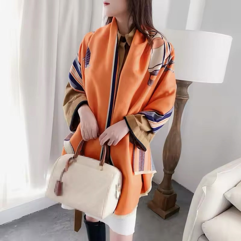 Luxury Women Limited Edition Horse Design Cashmere Touch Scarf - Warm Fringe Shawl