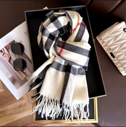 Men & Women Checked Pattern Cashmere Touch Scarf - Warm Fringe Shawl