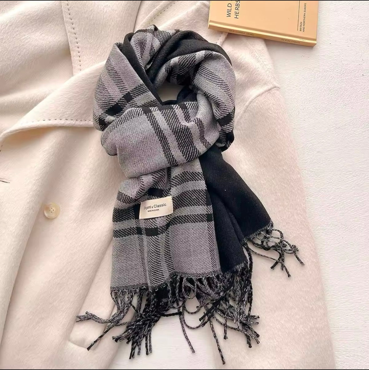 Men & Women Checked Pattern Cashmere Touch Scarf - Warm Fringe Shawl