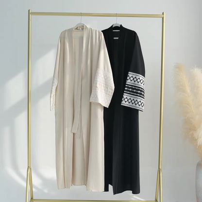 Women Split Abaya Fashion Embroidery Kimono Oversized Open Front Robe Syari Full Length Outerwear With Belt