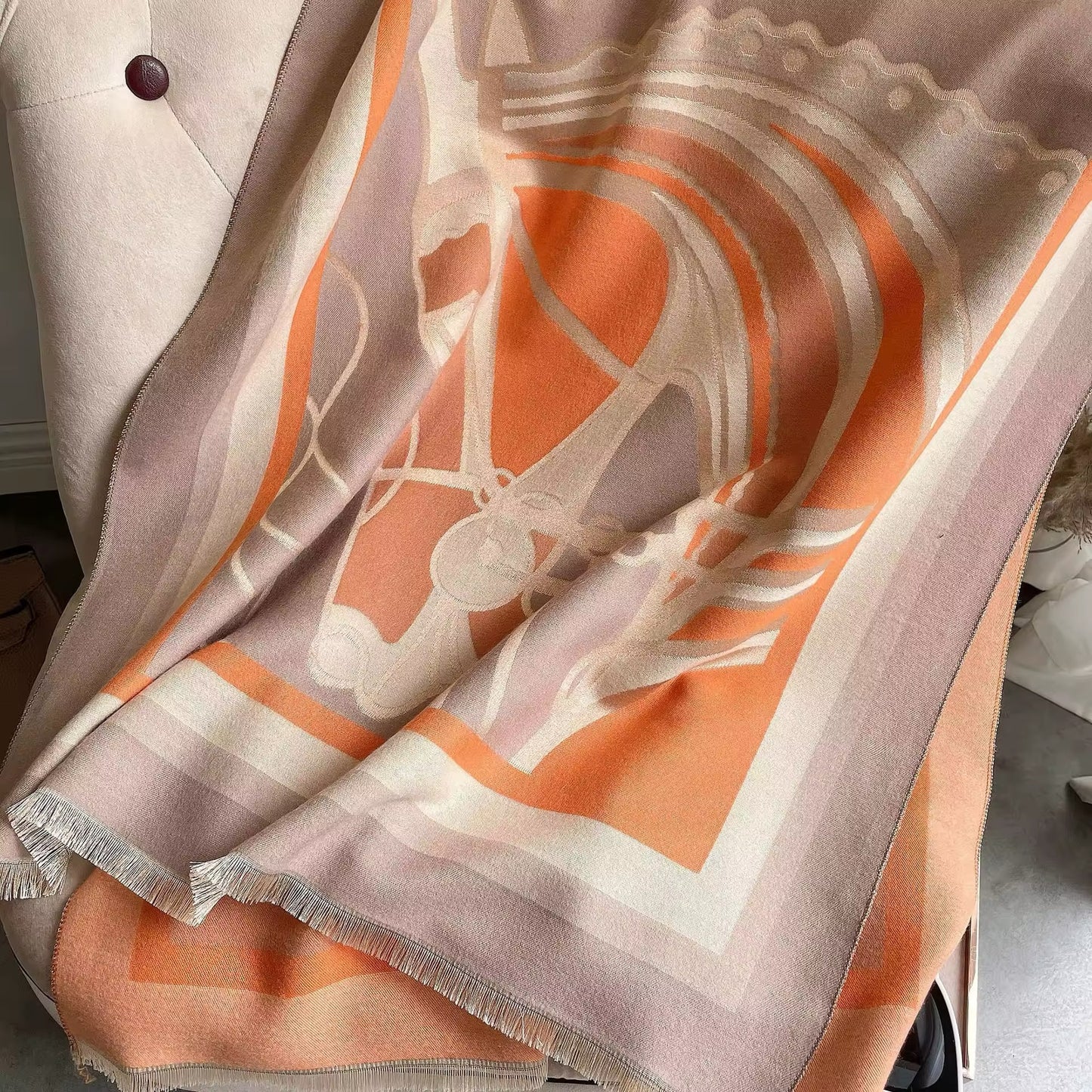 Luxury Women Limited Edition Horse Design Cashmere Touch Scarf - Warm Fringe Shawl
