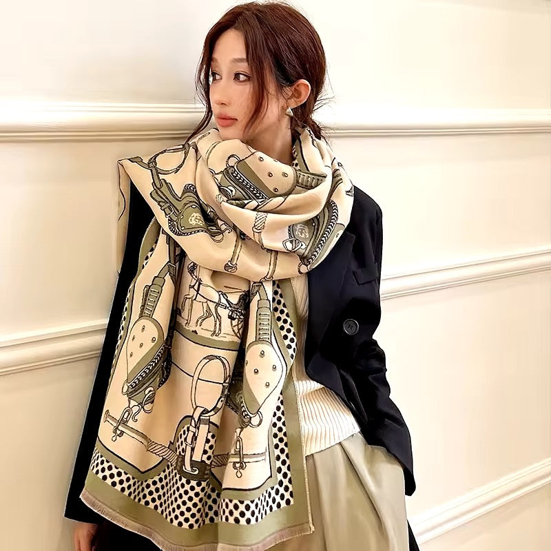 Luxury Women Limited Edition Horse Design Cashmere Touch Scarf - Warm Fringe Shawl