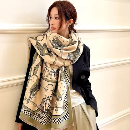 Luxury Women Limited Edition Horse Design Cashmere Touch Scarf - Warm Fringe Shawl