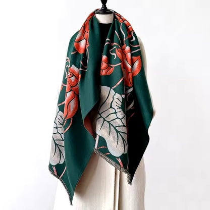 Luxury Women Floral Cashmere Touch Flower Scarf - Warm Fringe Shawl