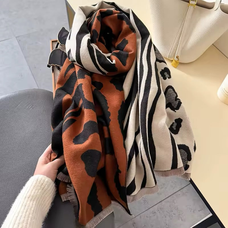 Tiger and Leopard Print Scarf Thickened Warm Cashmere Double Sided Shawl Women Allure