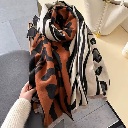 Tiger and Leopard Print Scarf Thickened Warm Cashmere Double Sided Shawl Women Allure