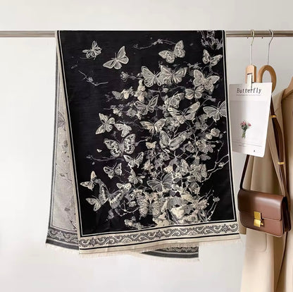 Luxury Women Floral Cashmere Touch Double Sided Butterfly Scarf - Warm Fringe Shawl