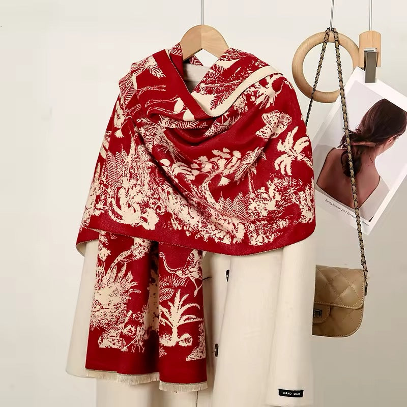 Luxury Women Floral Cashmere Touch Flower Scarf - Warm Fringe Shawl