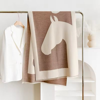Luxury Women Limited Edition Horse Design Cashmere Touch Scarf - Warm Fringe Shawl