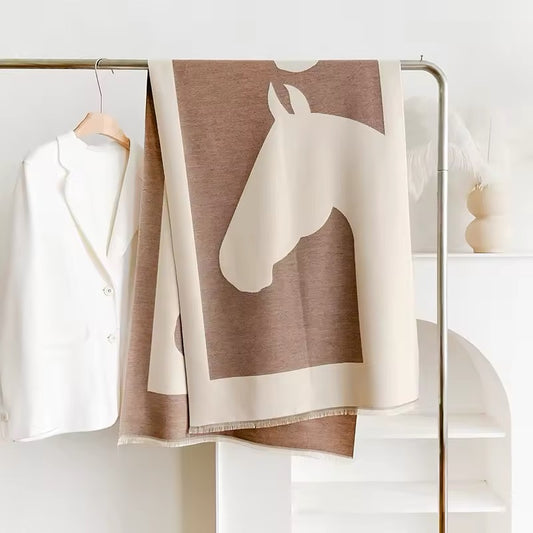 Luxury Women Limited Edition Horse Design Cashmere Touch Scarf - Warm Fringe Shawl