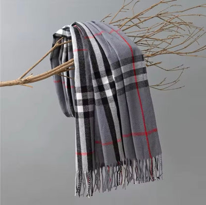 Men & Women Checked Pattern Cashmere Touch Scarf - Warm Fringe Shawl