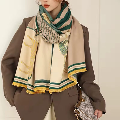 Luxury Women Limited Edition Horse Design Cashmere Touch Scarf - Warm Fringe Shawl