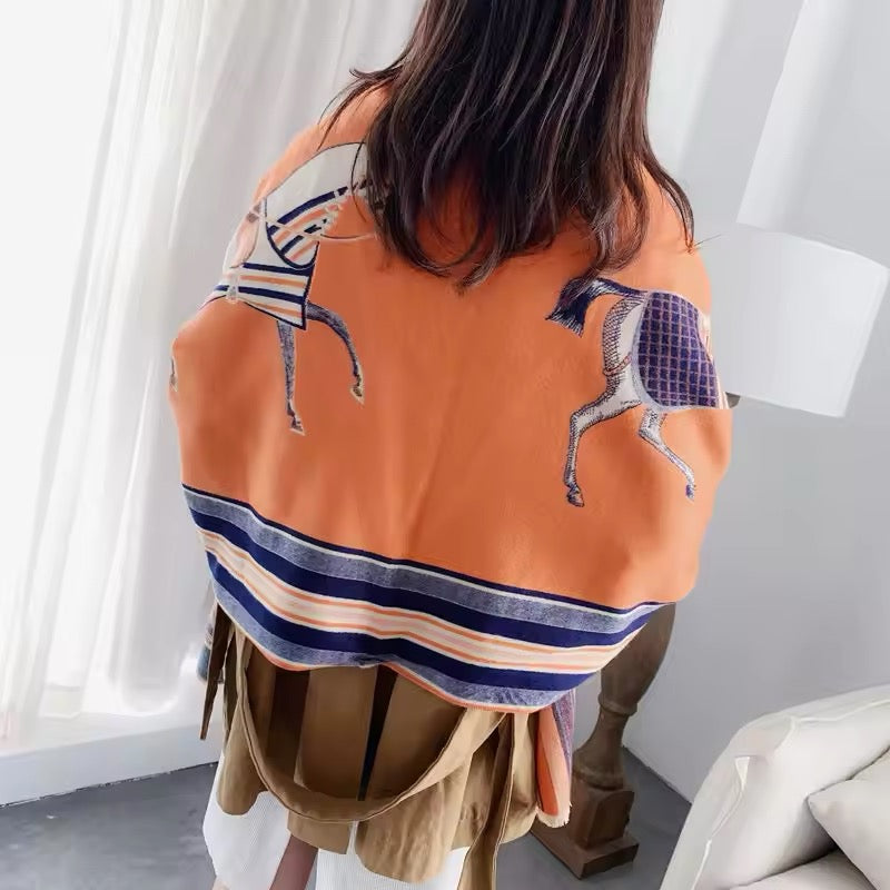 Luxury Women Limited Edition Horse Design Cashmere Touch Scarf - Warm Fringe Shawl
