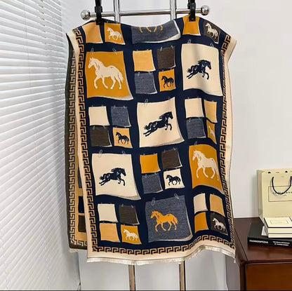 Luxury Women Limited Edition Horse Design Cashmere Touch Scarf - Warm Fringe Shawl