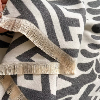 Luxury Women Floral Cashmere Touch Flower Scarf - Warm Fringe Shawl