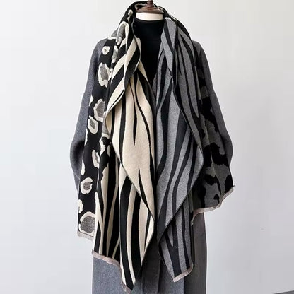 Tiger and Leopard Print Scarf Thickened Warm Cashmere Double Sided Shawl Women Allure