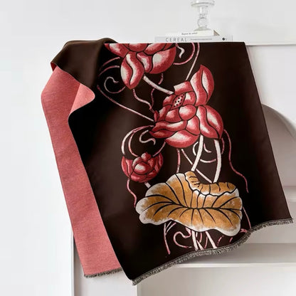Luxury Women Floral Cashmere Touch Flower Scarf - Warm Fringe Shawl