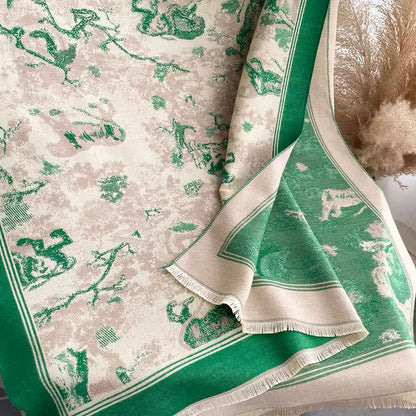 Luxury Women Floral Cashmere Touch Flower Scarf - Warm Fringe Shawl