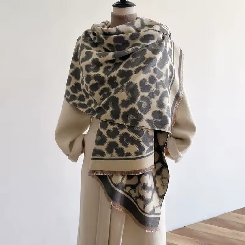 Leopard & Cheetah  Print Scarf Thickened Warm Cashmere Double Sided Shawl Women Allure
