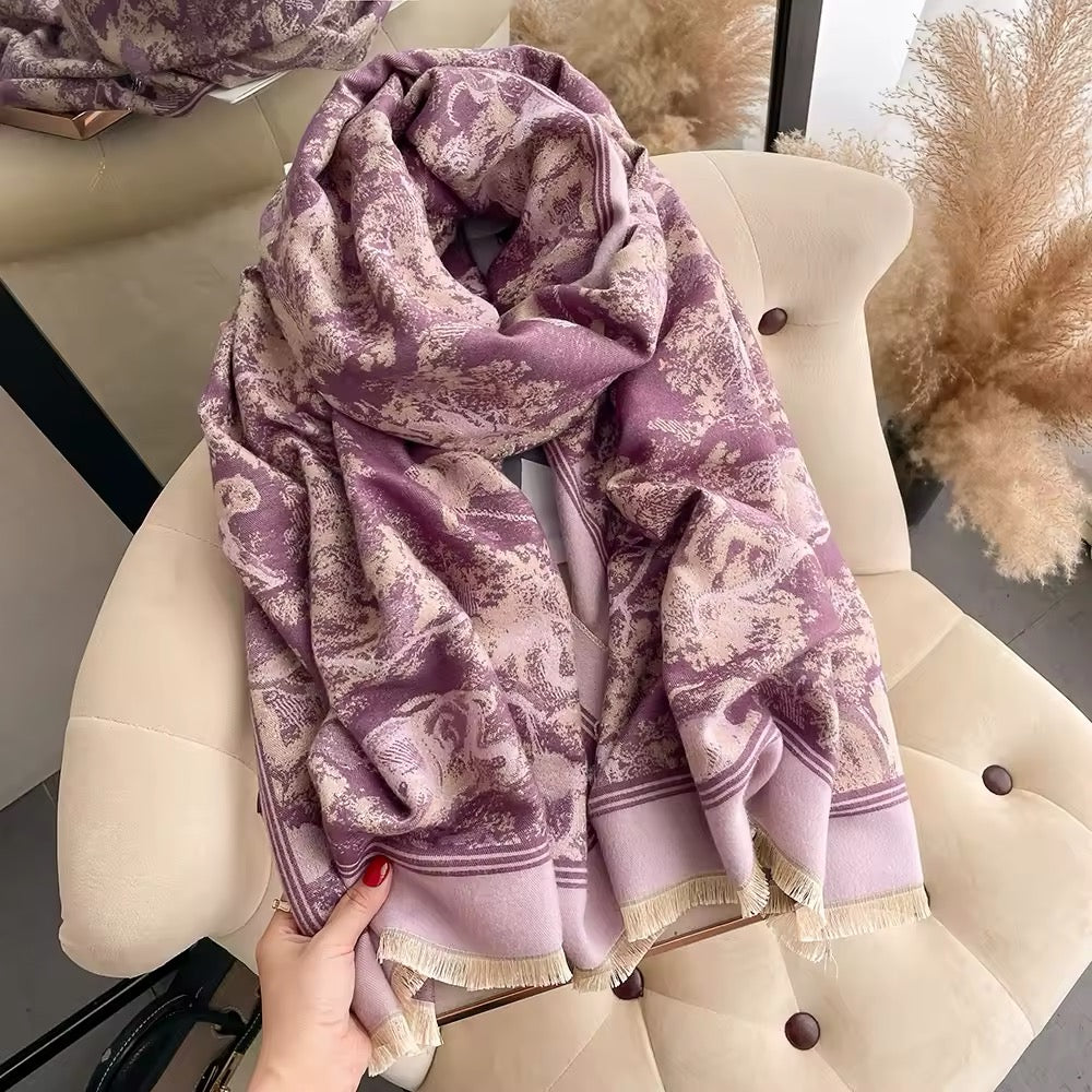 Luxury Women Floral Cashmere Touch Flower Scarf - Warm Fringe Shawl