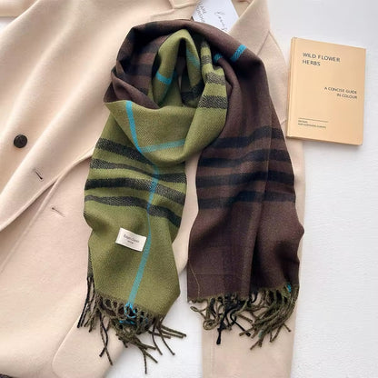 Men & Women Checked Pattern Cashmere Touch Scarf - Warm Fringe Shawl
