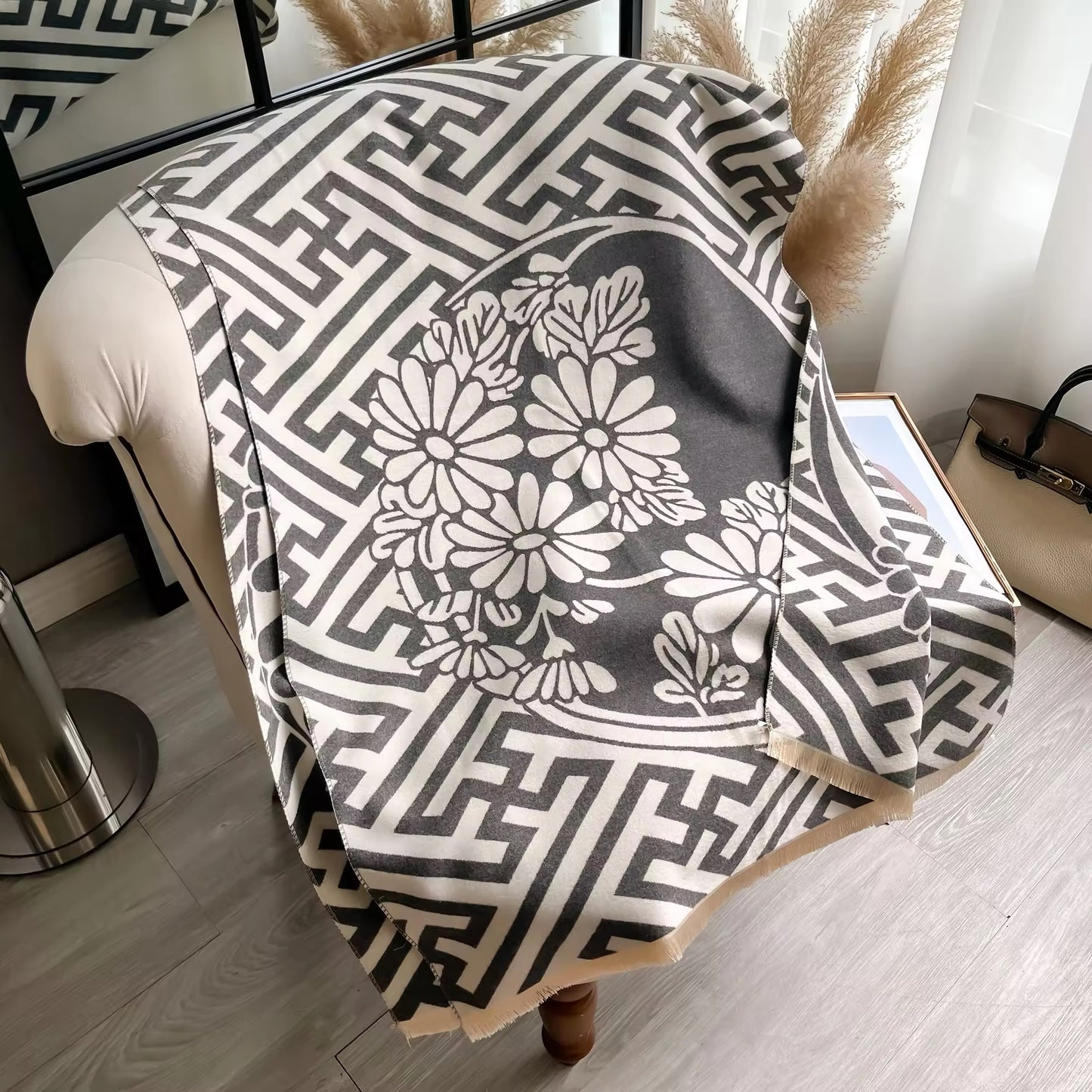 Luxury Women Floral Cashmere Touch Flower Scarf - Warm Fringe Shawl