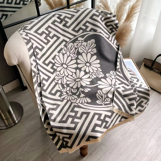 Luxury Women Floral Cashmere Touch Flower Scarf - Warm Fringe Shawl