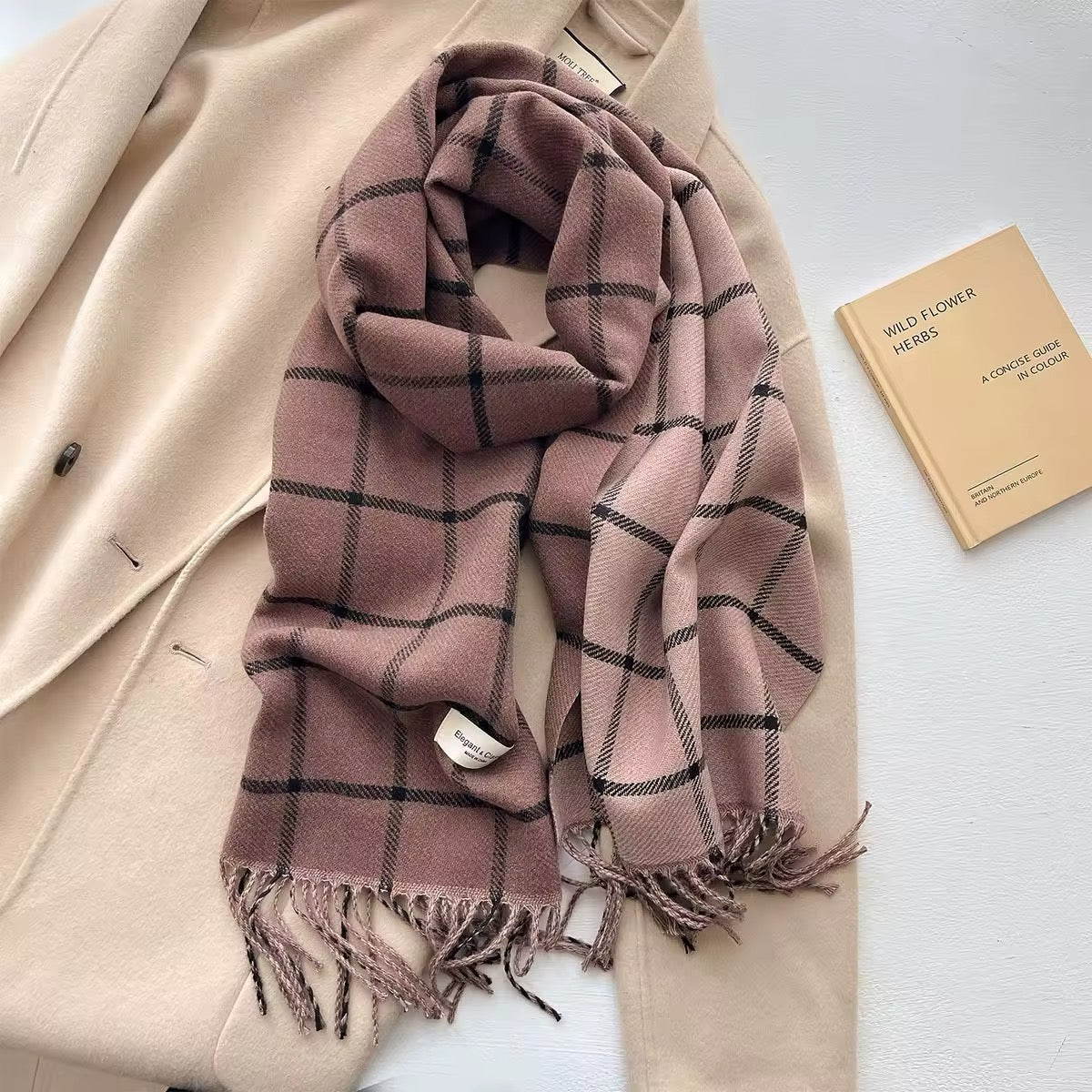 Men & Women Checked Pattern Cashmere Touch Scarf - Warm Fringe Shawl