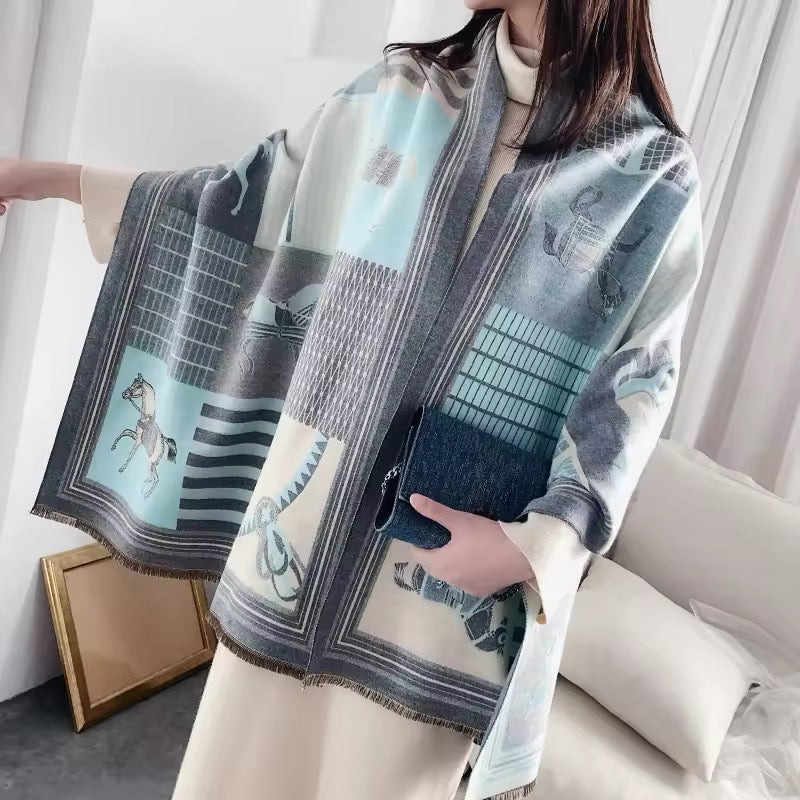 Luxury Women Limited Edition Horse Design Cashmere Touch Scarf - Warm Fringe Shawl