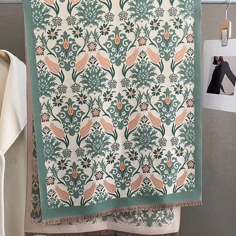 Luxury Women Classic Pashmina Double Sided Cashmere Touch Scarf - Warm Fringe Women Floral Shawl