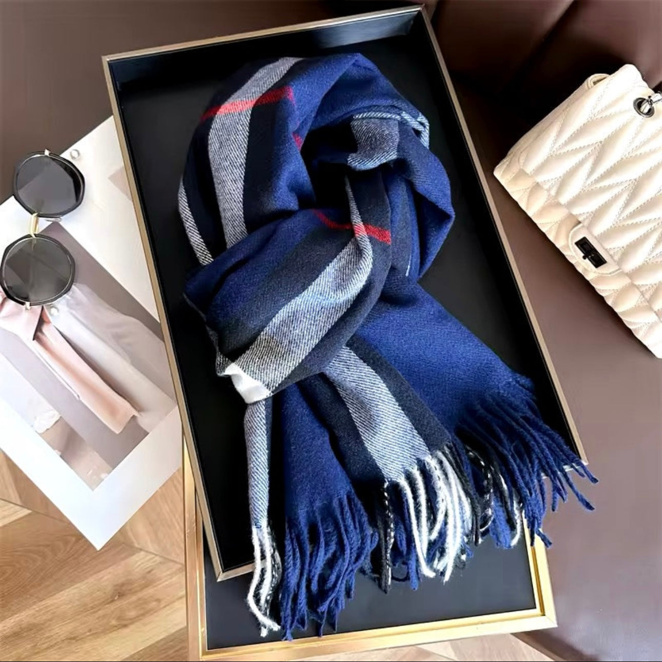 Men & Women Checked Pattern Cashmere Touch Scarf - Warm Fringe Shawl