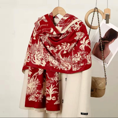 Luxury Women Floral Cashmere Touch Flower Scarf - Warm Fringe Shawl