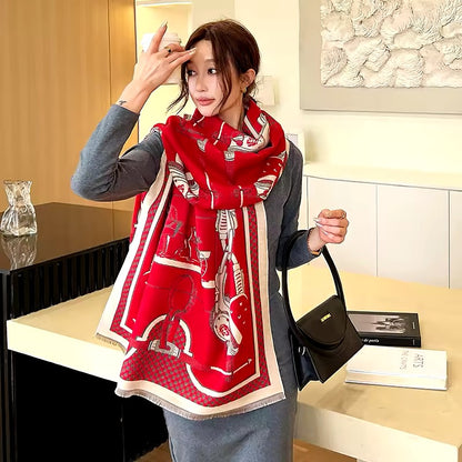 Luxury Women Limited Edition Horse Design Cashmere Touch Scarf - Warm Fringe Shawl