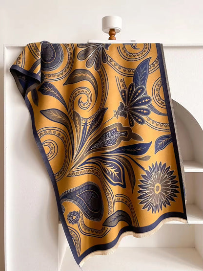 Luxury Women Floral Cashmere Touch Flower Scarf - Warm Fringe Shawl