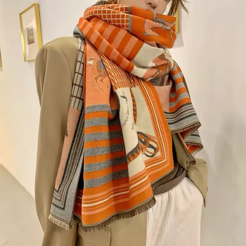 Luxury Women Limited Edition Horse Design Cashmere Touch Scarf - Warm Fringe Shawl