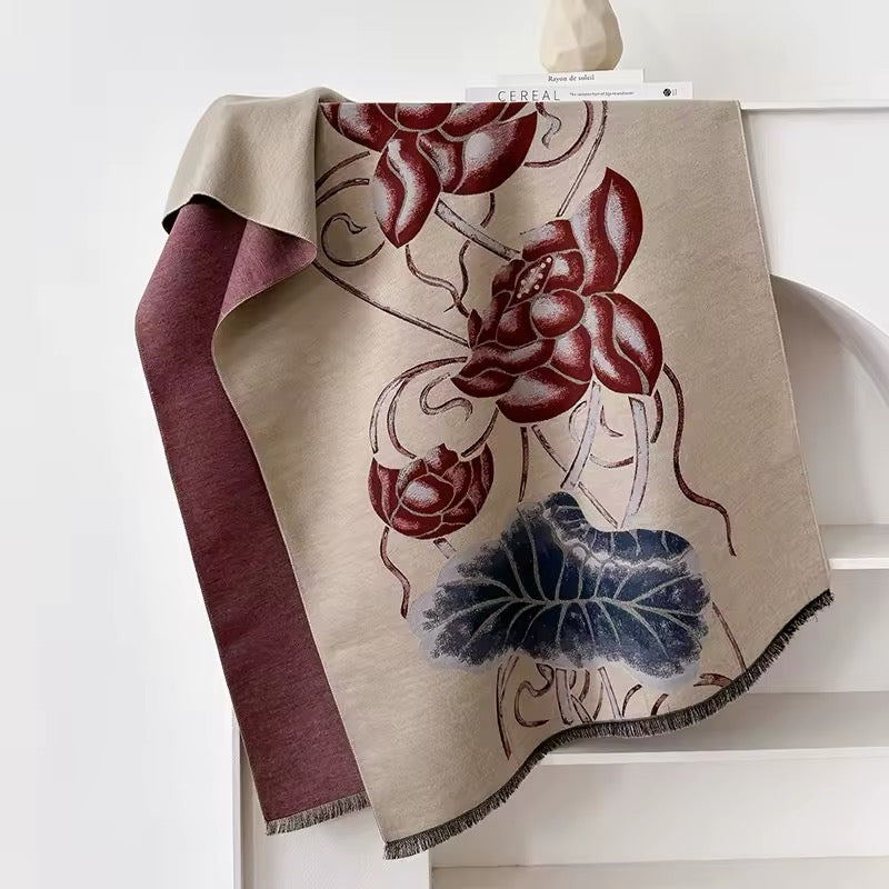 Luxury Women Floral Cashmere Touch Flower Scarf - Warm Fringe Shawl